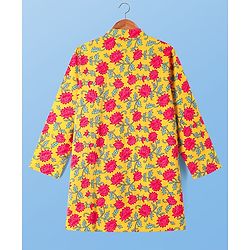 Pine Kids Cotton Woven Mandarin Collar Full Sleeves Kurta Pajama Set With Floral Print - Mustard