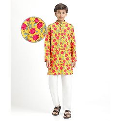 Pine Kids Cotton Woven Mandarin Collar Full Sleeves Kurta Pajama Set With Floral Print - Mustard