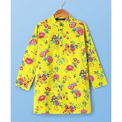 Pine Kids Cotton Knit Full Sleeves Kurta & Pyjama Set With Floral Print - Yellow