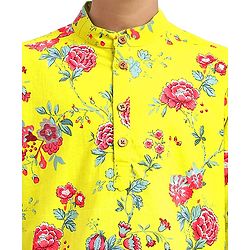 Pine Kids Cotton Knit Full Sleeves Kurta & Pyjama Set With Floral Print - Yellow