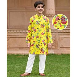 Pine Kids Cotton Knit Full Sleeves Kurta & Pyjama Set With Floral Print - Yellow