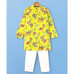 Pine Kids Cotton Knit Full Sleeves Kurta & Pyjama Set With Floral Print - Yellow