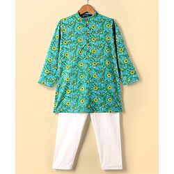 Pine Kids Cotton Woven Full Sleeves Kurta Pajama Set With Floral Print - Mint & White