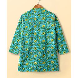Pine Kids Cotton Woven Full Sleeves Kurta Pajama Set With Floral Print - Mint & White
