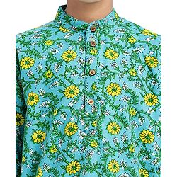 Pine Kids Cotton Woven Full Sleeves Kurta Pajama Set With Floral Print - Mint & White