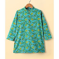 Pine Kids Cotton Woven Full Sleeves Kurta Pajama Set With Floral Print - Mint & White