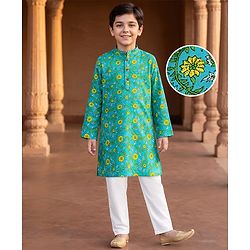 Pine Kids Cotton Woven Full Sleeves Kurta Pajama Set With Floral Print - Mint & White