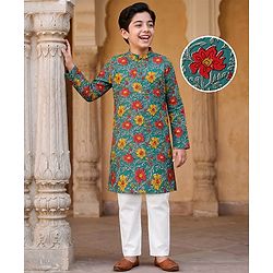 Pine Kids Cotton Woven Mandarin Collar Full Sleeves Kurta Pajama Set With Floral Print - Teal Blue