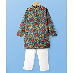 Pine Kids Cotton Woven Mandarin Collar Full Sleeves Kurta Pajama Set With Floral Print - Teal Blue