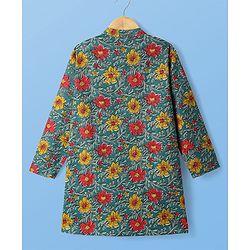 Pine Kids Cotton Woven Mandarin Collar Full Sleeves Kurta Pajama Set With Floral Print - Teal Blue
