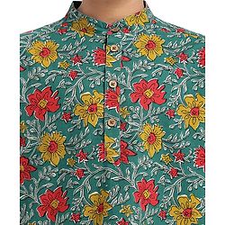 Pine Kids Cotton Woven Mandarin Collar Full Sleeves Kurta Pajama Set With Floral Print - Teal Blue