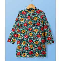 Pine Kids Cotton Woven Mandarin Collar Full Sleeves Kurta Pajama Set With Floral Print - Teal Blue