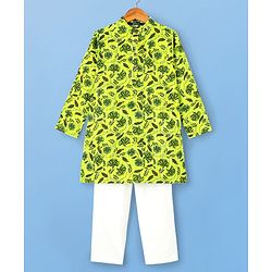 Pine Kids Cotton Knit Full Sleeves Kurta & Pyjama Set With Floral Print - Green