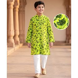 Pine Kids Cotton Knit Full Sleeves Kurta & Pyjama Set With Floral Print - Green