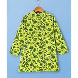 Pine Kids Cotton Knit Full Sleeves Kurta & Pyjama Set With Floral Print - Green