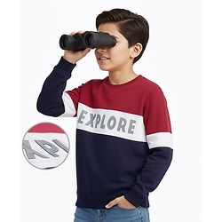 Pine Kids Cotton Knit Full Sleeves Cut & Sew Sweatshirt with Text Print - Red & Navy Blue