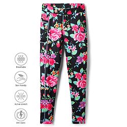 Pine Active Knit Full Length Super Stretch Leggings with Floral Print - Black