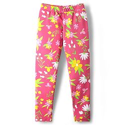 Pine Kids Cotton Lycra Knit Full Length Leggings With Floral Print - Dark Pink