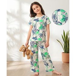 Pine Kids Single Jersey Knit Half Sleeves Co-ords Capri Night Suit With Tropical Theme Print - Off White