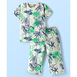 Pine Kids Single Jersey Knit Half Sleeves Co-ords Capri Night Suit With Tropical Theme Print - Off White