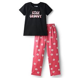 Pine Kids Single Jersey Knit Half Sleeves Night Suit With Text & Floral Print - Black