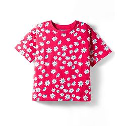 Pine Kids Single Jersey Knit Half Sleeves Capri Night Suit With Floral Print - Red