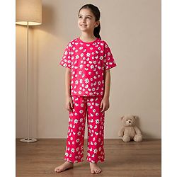 Pine Kids Single Jersey Knit Half Sleeves Capri Night Suit With Floral Print - Red