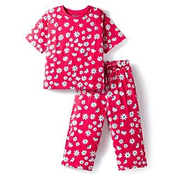 Pine Kids Single Jersey Knit Half Sleeves Capri Night Suit With Floral Print - Red