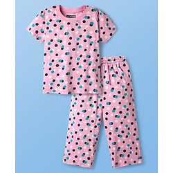 Pine Kids Single Jersey Knit Half Sleeves Capri Night Suit With Polka Dot Print - Pink