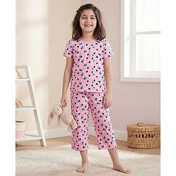 Pine Kids Single Jersey Knit Half Sleeves Capri Night Suit With Polka Dot Print - Pink