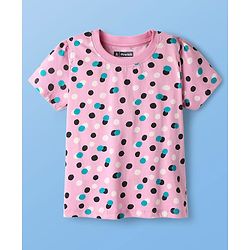 Pine Kids Single Jersey Knit Half Sleeves Capri Night Suit With Polka Dot Print - Pink
