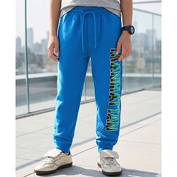 Pine Kids Cotton Knit Full Length Lounge Pant With Text Print - Light Blue
