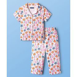 Pine Kids Single Jersey Knit Half Sleeves Floral & Beach Theme Printed Front Open Co-Ords Capri Night Suit - Multi Colour