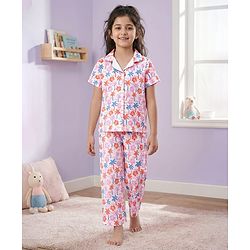 Pine Kids Single Jersey Knit Half Sleeves Floral & Beach Theme Printed Front Open Co-Ords Capri Night Suit - Multi Colour