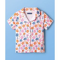 Pine Kids Single Jersey Knit Half Sleeves Floral & Beach Theme Printed Front Open Co-Ords Capri Night Suit - Multi Colour