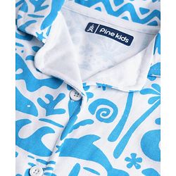 Pine Kids Single Jersey Knit Half Sleeves Beach Theme Printed Front Open Co-Ords Capri Night Suit - White & Light Blue