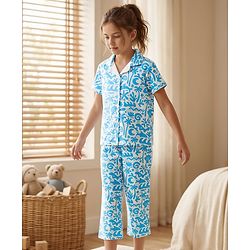 Pine Kids Single Jersey Knit Half Sleeves Beach Theme Printed Front Open Co-Ords Capri Night Suit - White & Light Blue