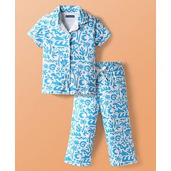 Pine Kids Single Jersey Knit Half Sleeves Beach Theme Printed Front Open Co-Ords Capri Night Suit - White & Light Blue
