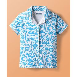 Pine Kids Single Jersey Knit Half Sleeves Beach Theme Printed Front Open Co-Ords Capri Night Suit - White & Light Blue