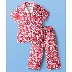 Pine Kids Single Jersey Knit Half Sleeves Co-ords Capri Night Suit With Tropical Theme Print - Red