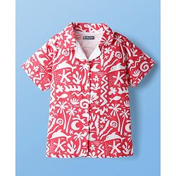 Pine Kids Single Jersey Knit Half Sleeves Co-ords Capri Night Suit With Tropical Theme Print - Red