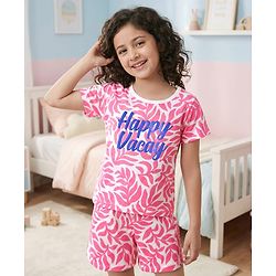 Pine Kids 100% Cotton Bio Washed Half Sleeves Shorts Night Suit With Leaves Print - White & Pink