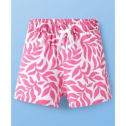 Pine Kids 100% Cotton Bio Washed Half Sleeves Shorts Night Suit With Leaves Print - White & Pink