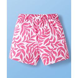 Pine Kids 100% Cotton Bio Washed Half Sleeves Shorts Night Suit With Leaves Print - White & Pink
