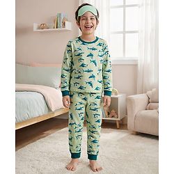 Pine Kids Single Jersey Knit Full Sleeves Co-Ord Night Suit With Shark Print - Lime Green