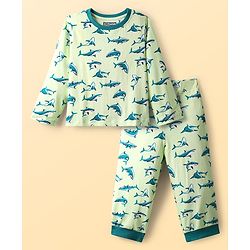 Pine Kids Single Jersey Knit Full Sleeves Co-Ord Night Suit With Shark Print - Lime Green