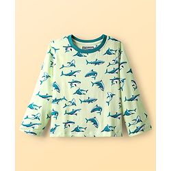 Pine Kids Single Jersey Knit Full Sleeves Co-Ord Night Suit With Shark Print - Lime Green