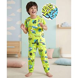 Pine Kids Single Jersey Knit Half Sleeves Co-ords Night Suit with Text Print - Neon Green
