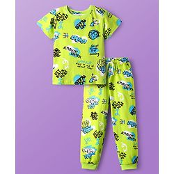 Pine Kids Single Jersey Knit Half Sleeves Co-ords Night Suit with Text Print - Neon Green