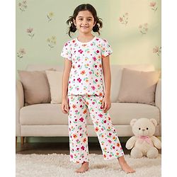 Pine Kids Single Jersey Knit Half Sleeves Co-ords Night Suit With Floral Print - White